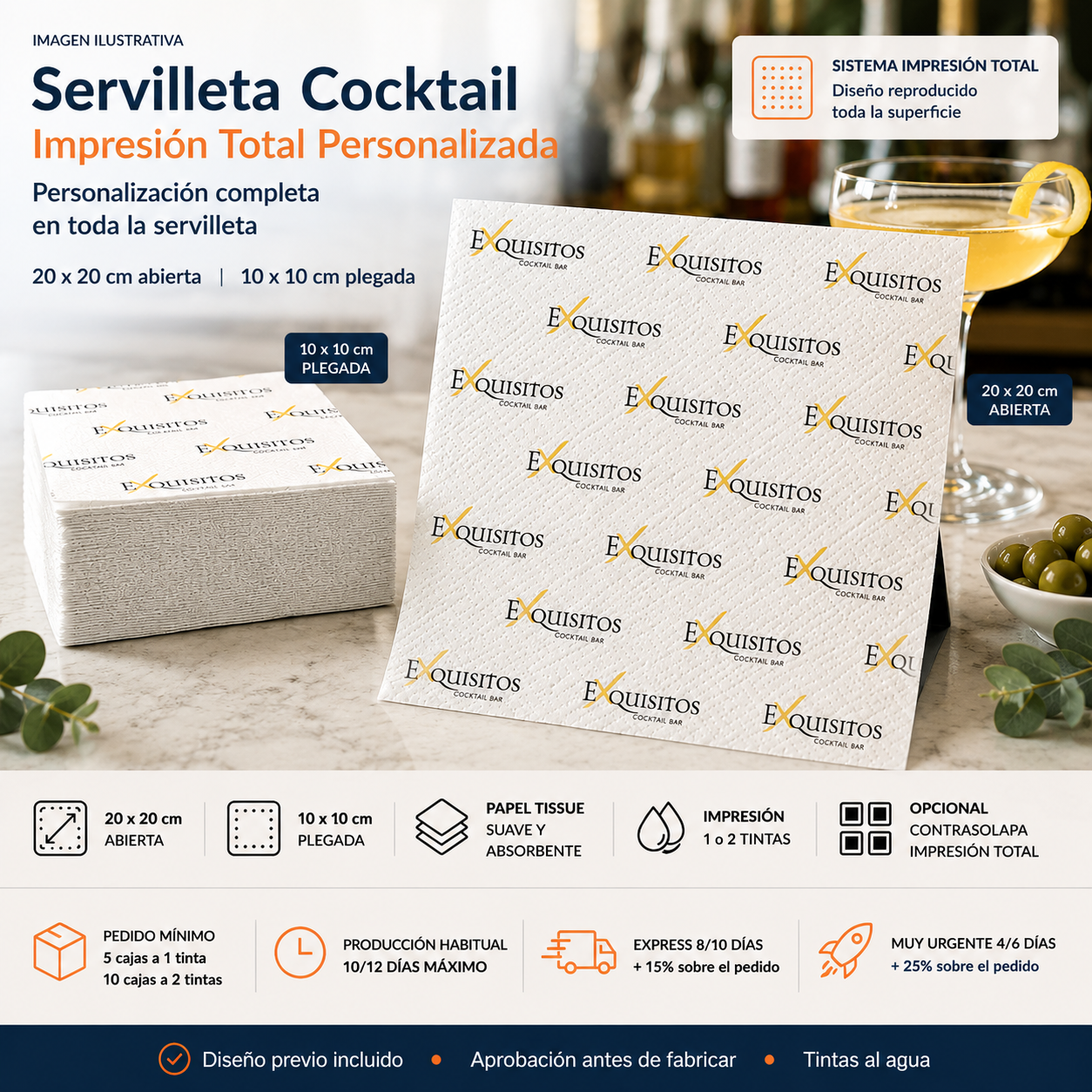 Servilleta cocktail personalizada 20x20 con impresión total, plegada en formato 10x10 cm