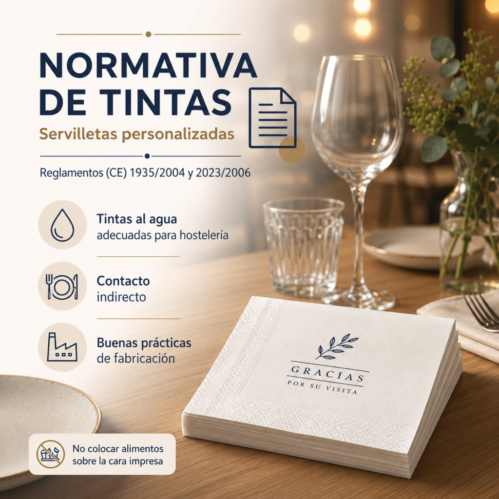 Infografía sobre normativa de tintas para servilletas personalizadas y contacto indirecto en hostelería