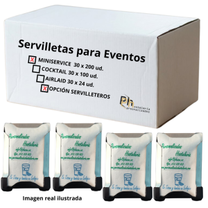Pack de 6.000 servilletas miniservice personalizadas y 4 servilleteros de acero inoxidable