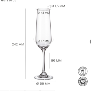 Diagrama con las medidas de la copa de cava y champán personalizada PH CC1: altura, diámetros y espesor del borde