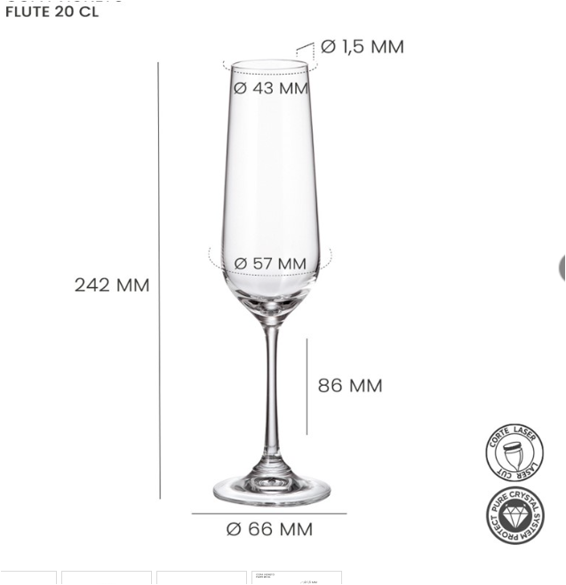 Diagrama con las medidas de la copa de cava y champán personalizada PH CC1: altura, diámetros y espesor del borde