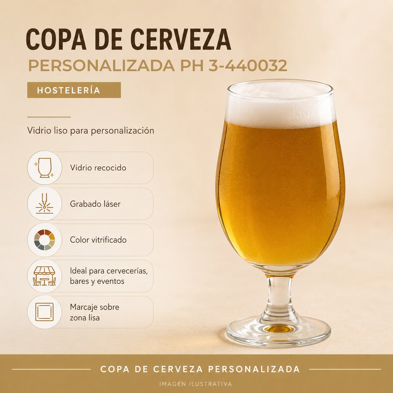 Copa de cerveza personalizada PH 3-440032 de 39 cl, cáliz abombado de boca ancha, para grabar con logotipo