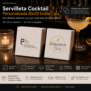Servilleta cocktail personalizada 20x20 doble cara, con un logo en la cara frontal y otro en el dorso, sobre barra de coctelería