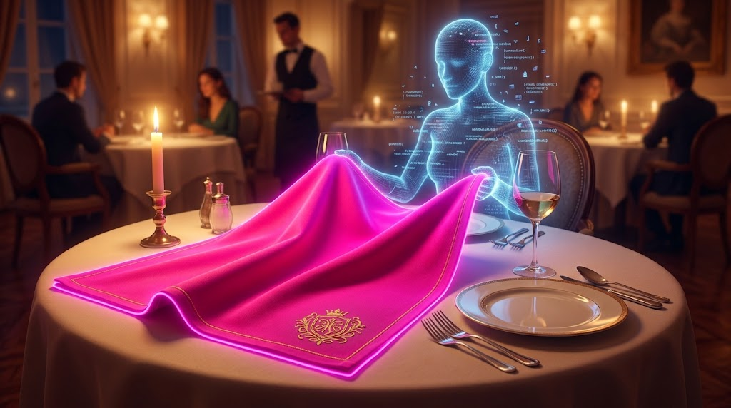 Servilleta personalizada de color imposible generada por una IA sobre una mesa de restaurante elegante