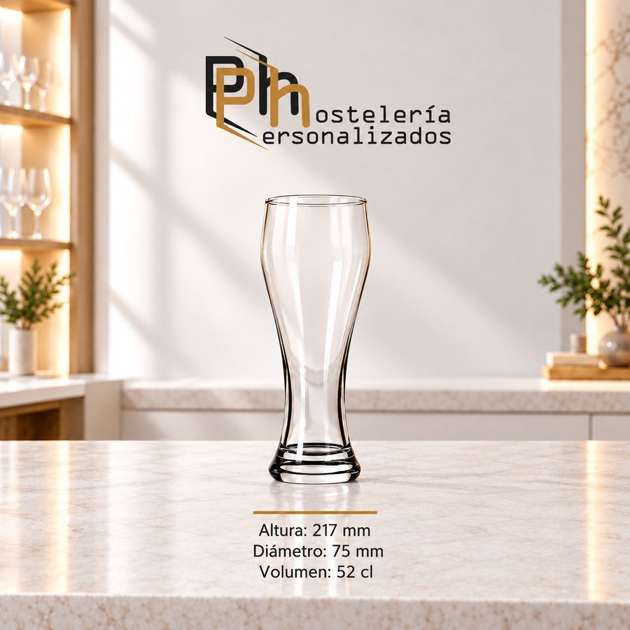 Vaso de cerveza Weizen personalizado de 52 cl, 217 mm de altura y 75 mm de diámetro