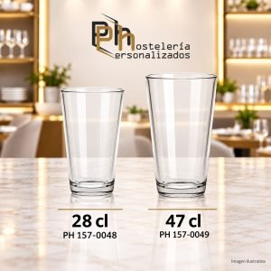 Vasos de cerveza cónicos personalizados en dos medidas: 28 cl (PH 157-0048) y 47 cl (PH 157-0049), para grabar con logotipo