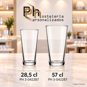 Vasos de cerveza templados personalizados en dos medidas: 28,5 cl (PH 3-042387) y 57 cl (PH 3-042287), para grabar con logotipo