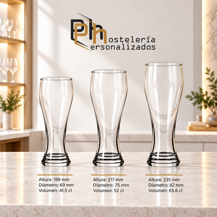 Vasos de cerveza Weizen personalizados en tres capacidades: 41,5 cl, 52 cl y 65,6 cl, con medidas de altura y diámetro