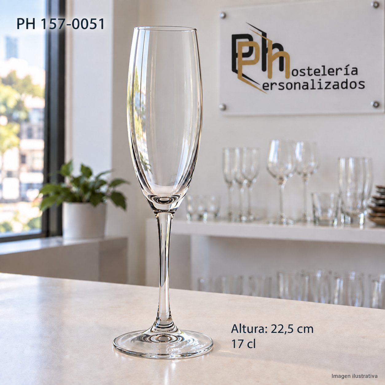 Copa de cava grabada de 17 cl y 22,5 cm, flauta estrecha para personalizar con logotipo