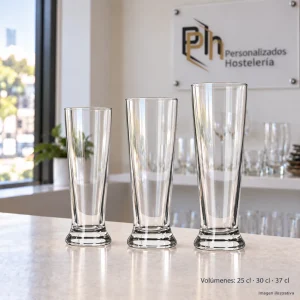 Copas de cerveza pilsner PH CER3 de 25, 30 y 37 cl para personalizar, sobre barra de hostelería