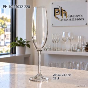 Copa de champán personalizada de 22 cl, flauta de cáliz ligeramente abombado para grabar con logotipo