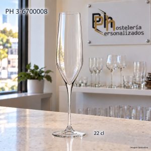 Copa flauta personalizada de 22 cl con cáliz cónico de base en punta, para cava y champán con logotipo