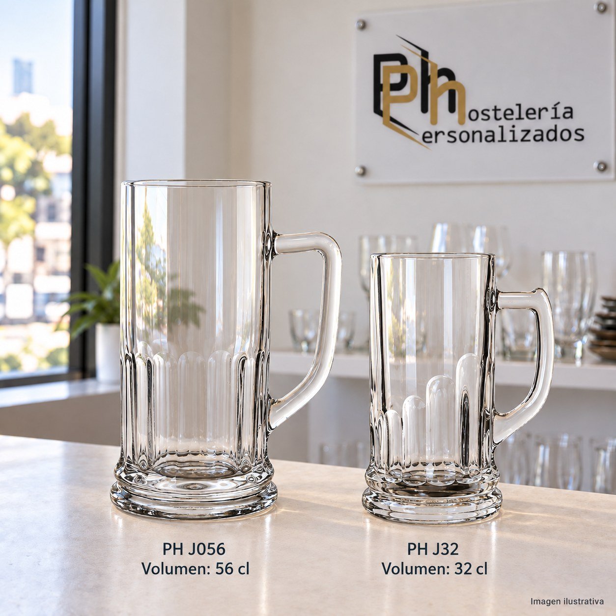 Jarra de cerveza clásica personalizable de cristal en dos medidas, PH J056 de 56 cl y PH J32 de 32 cl