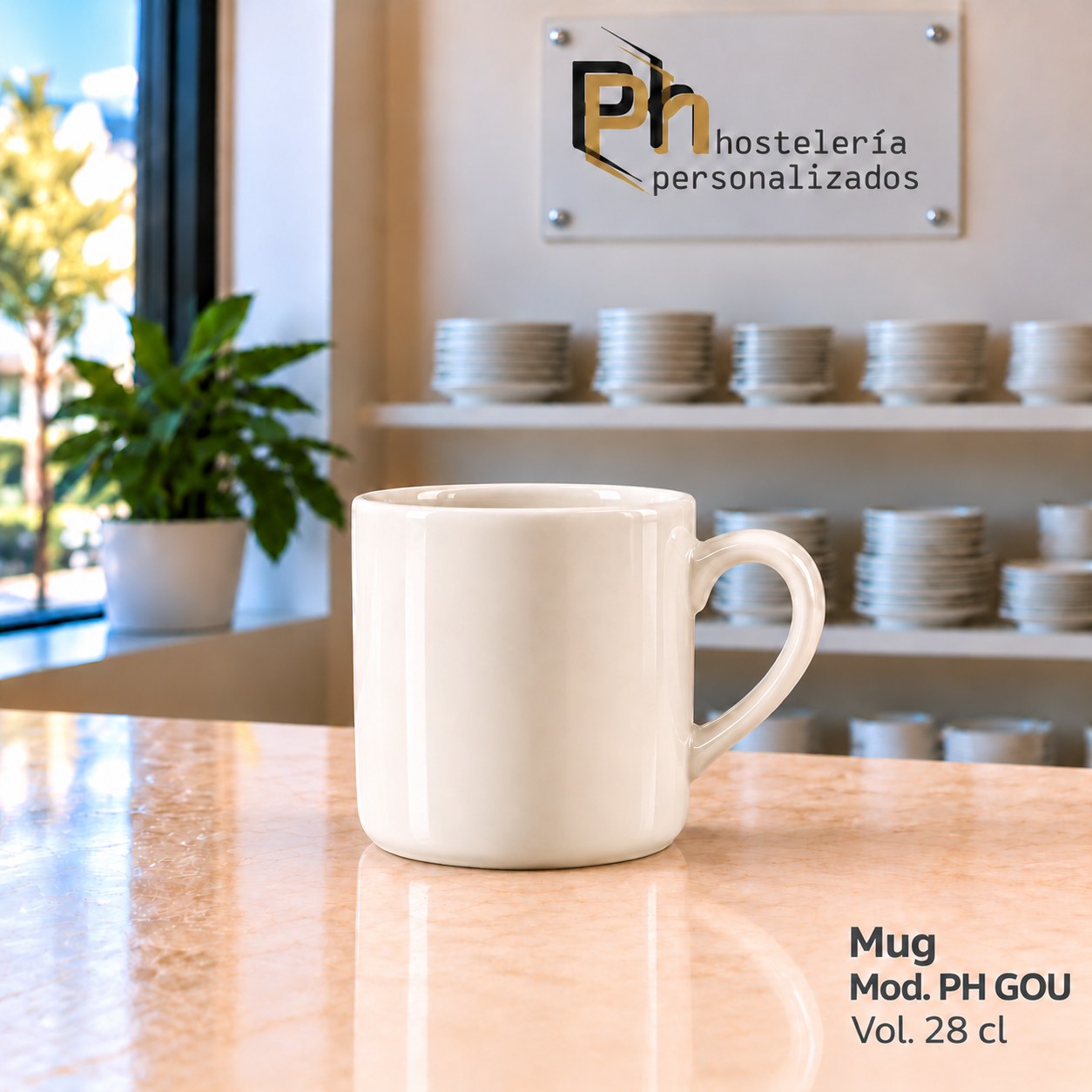 Mug recto de 28 cl de vitroporcelana personalizado, vajilla PH GOU para hostelería