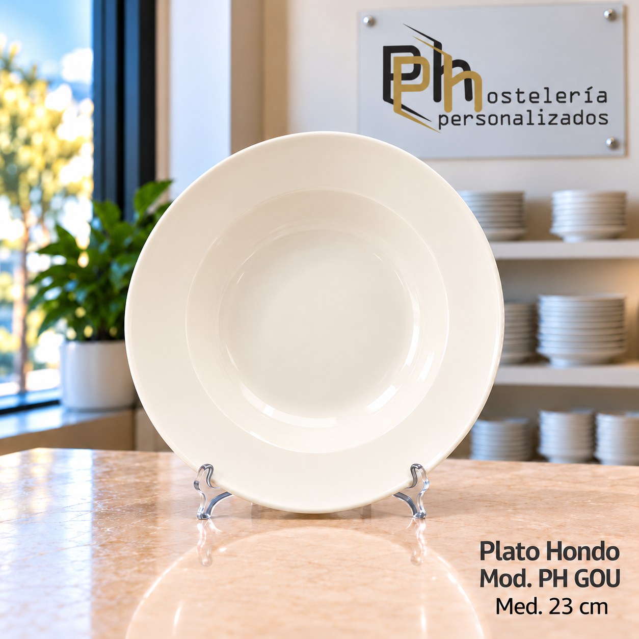 Plato hondo de 23 cm de vitroporcelana, vajilla personalizada PH GOU para hostelería