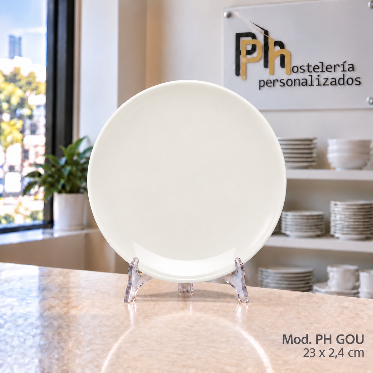 Plato llano coupé de 23 cm de vitroporcelana, vajilla personalizada PH GOU para hostelería