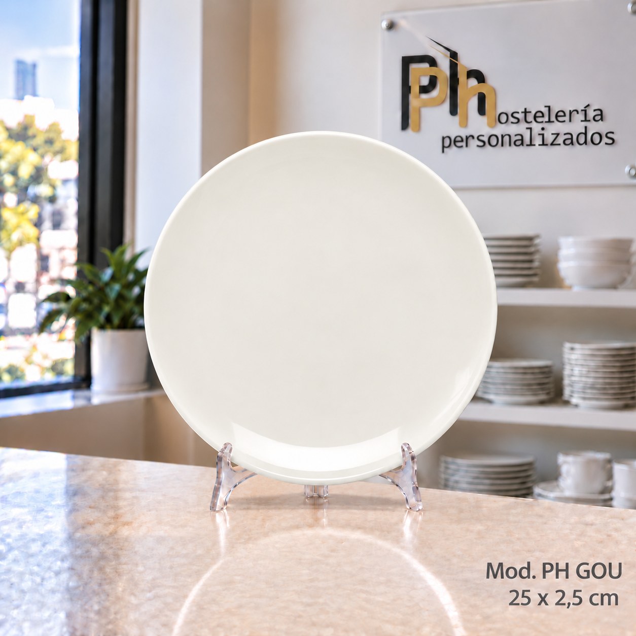 Plato llano coupé de 25 cm de vitroporcelana, vajilla personalizada PH GOU para hostelería