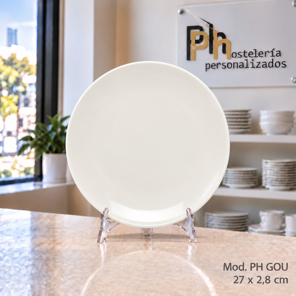 Plato llano coupé de 27 cm de vitroporcelana, vajilla personalizada PH GOU para hostelería