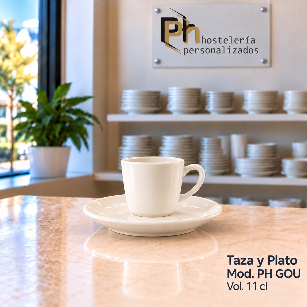 Taza de café de 11 cl con platillo de 13 cm, de vitroporcelana, personalizada PH GOU