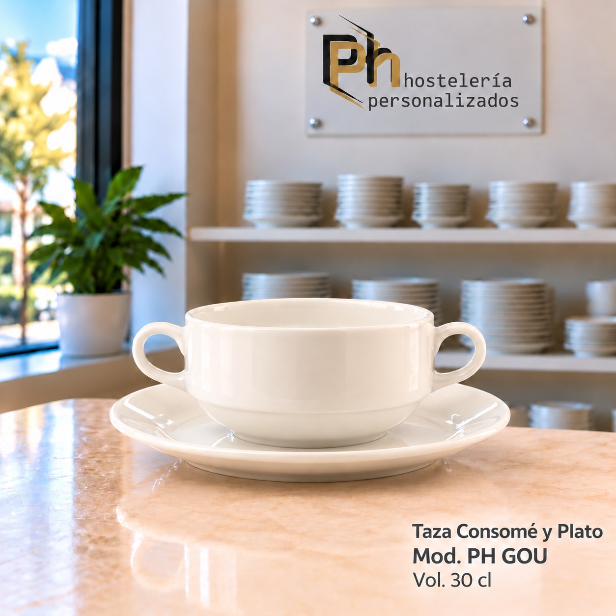 Taza de consomé de 30 cl con plato, de vitroporcelana, vajilla personalizada PH GOU