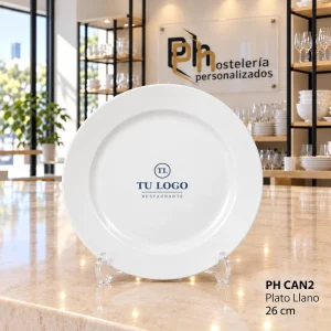 Plato llano 26 cm de la vajilla personalizada PH CAN2 con un logo de ejemplo vitrificado