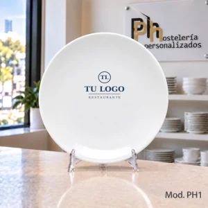 Plato llano de la vajilla personalizada PH1 con un logo de ejemplo vitrificado