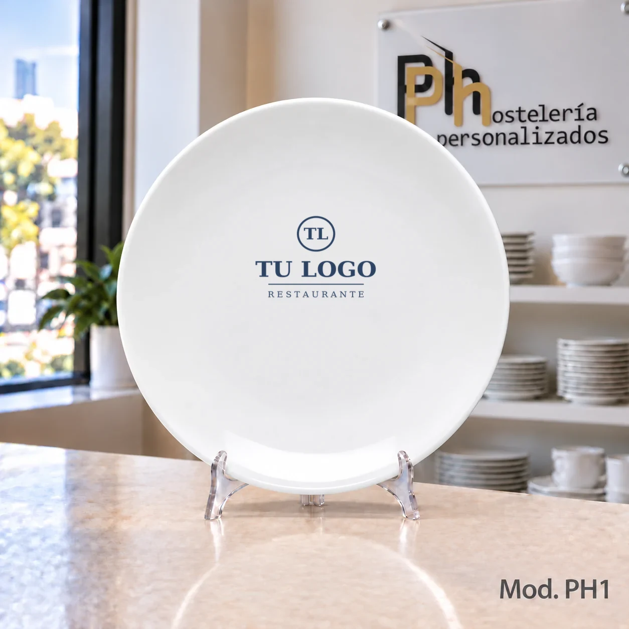 Plato llano de la vajilla personalizada PH1 con un logo de ejemplo vitrificado
