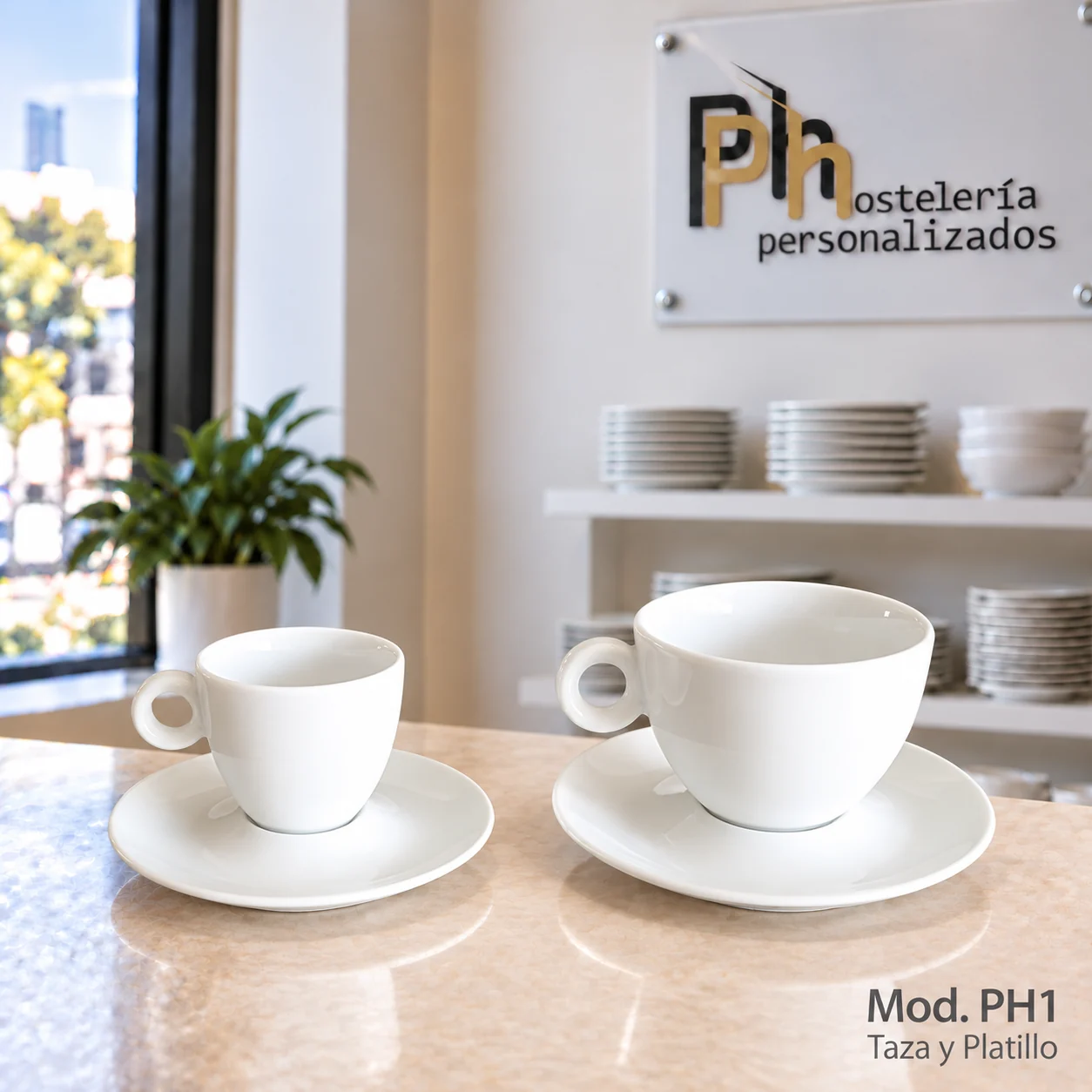 Taza y platillo de la vajilla personalizada PH1 para hostelería