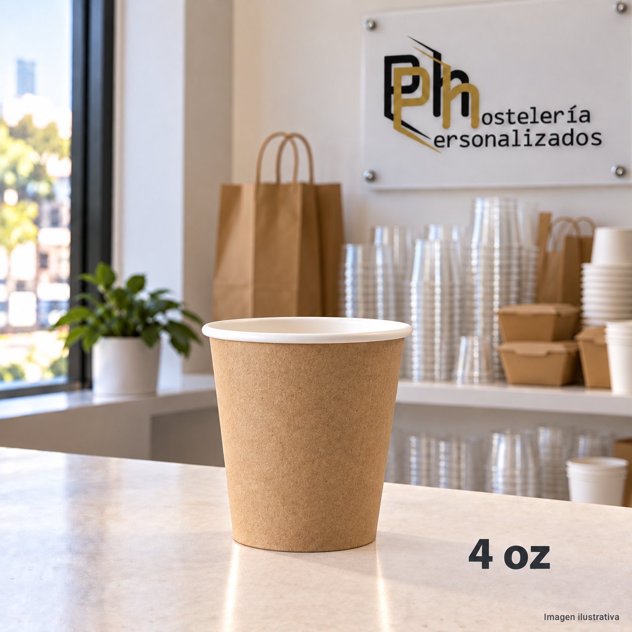Vaso de cartón kraft personalizable de 4 oz (120 ml) en mostrador de cafetería