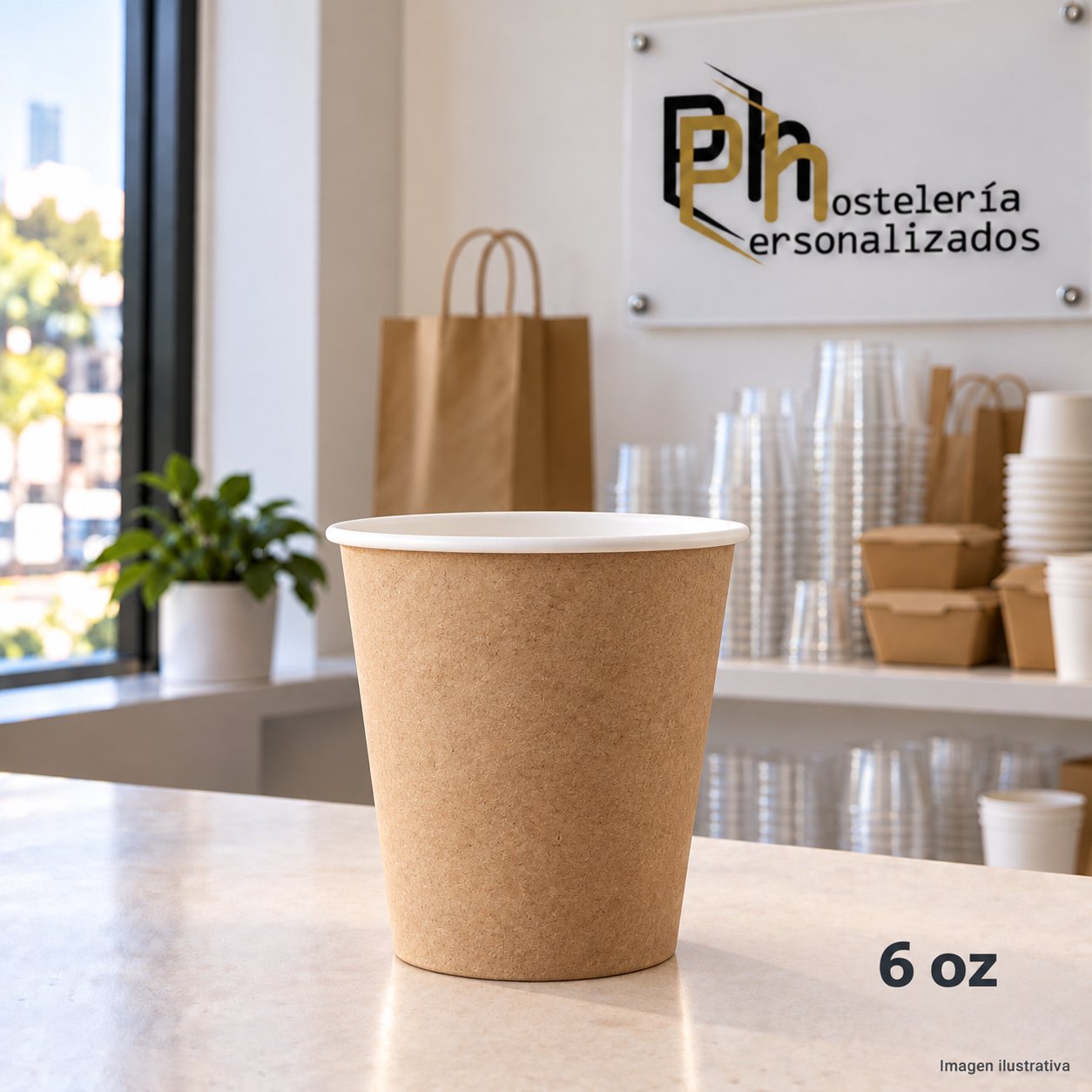 Vaso de cartón kraft personalizable de 6 oz (180 ml) en mostrador de cafetería