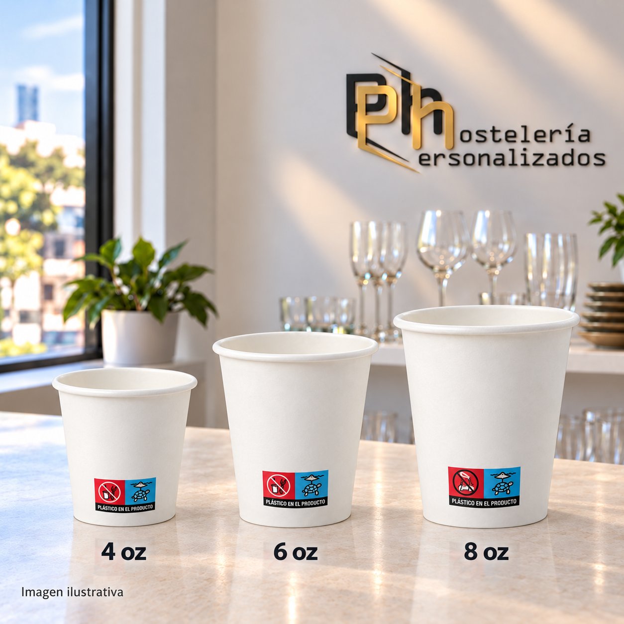 Vasos de cartón blanco personalizables de 4, 6 y 8 oz comparados en mostrador de cafetería